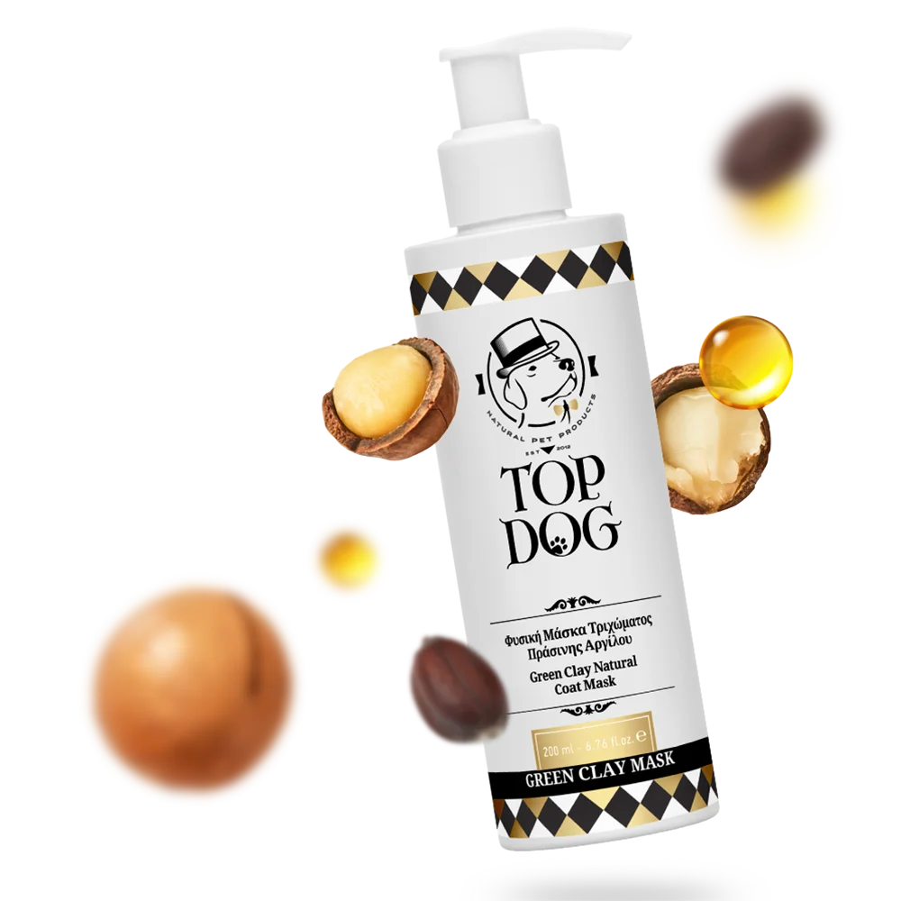 Dog conditioner mask for dry coat repair "Green Clay". With ingredients around the bottle. Brand: Top Dog