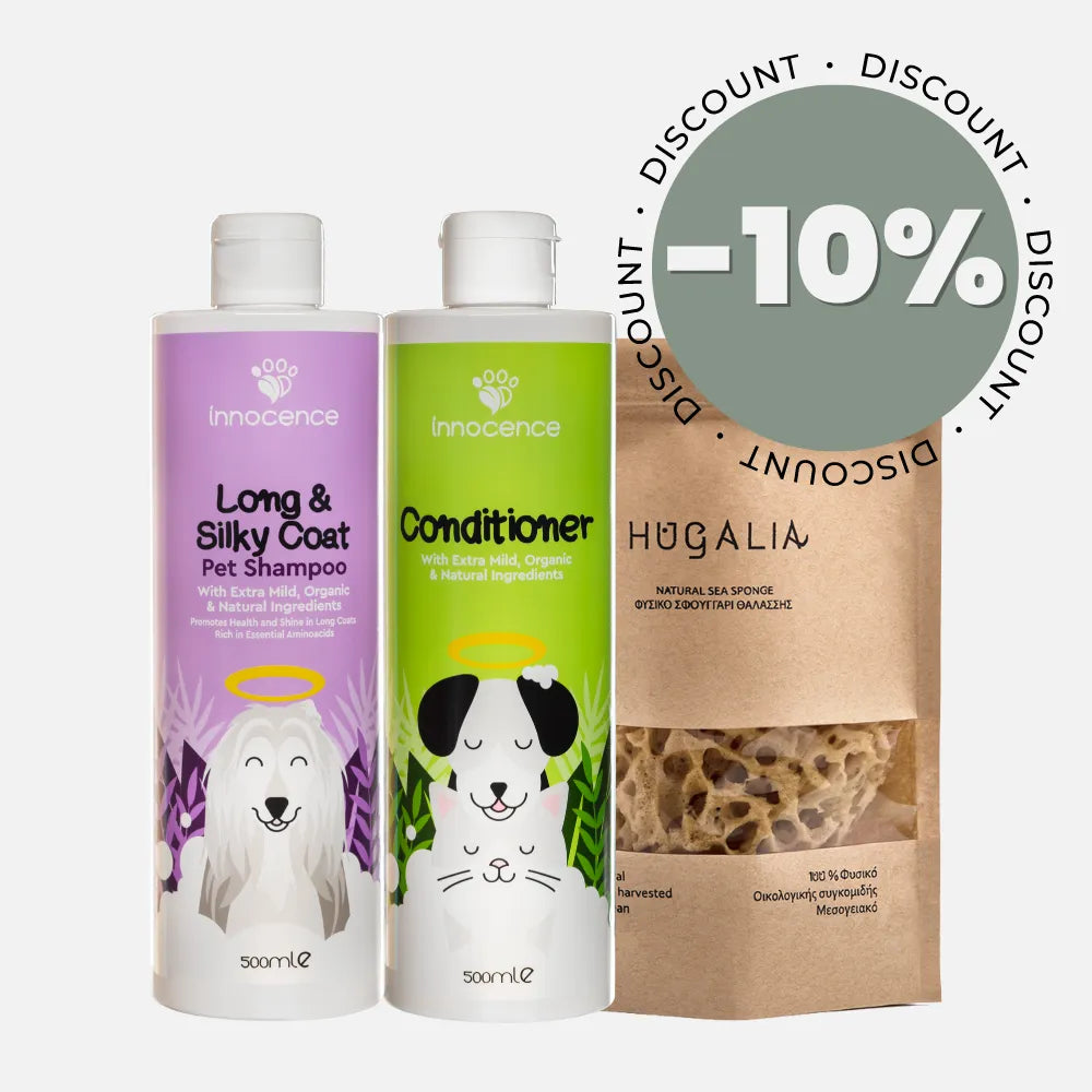 Dog Grooming Bundle for easy brushing, “Long & Shiny”, in white background. Consists of 3 products. With 10% discount