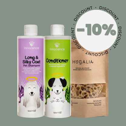 Dog Grooming Bundle for easy brushing, “Long & Shiny”, in olive green background. Consists of 3 products. With 10% discount