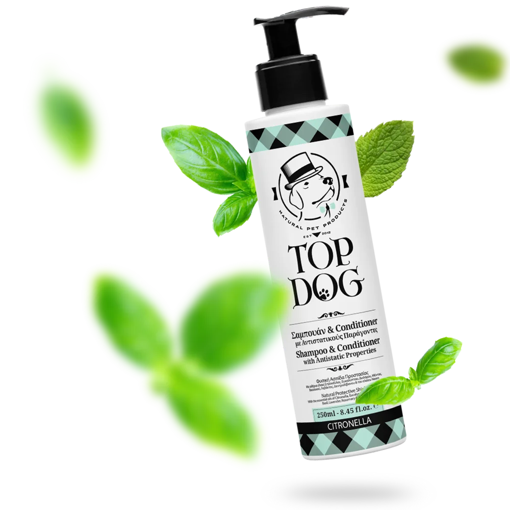 Dog shampoo with insect repelling ingredients "Citronella", with ingredients around the bottle. Brand: Top Dog