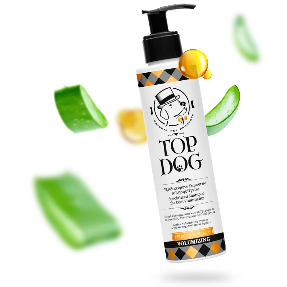 Dog shampoo specialized for coat volumizing. Brand: Top Dog