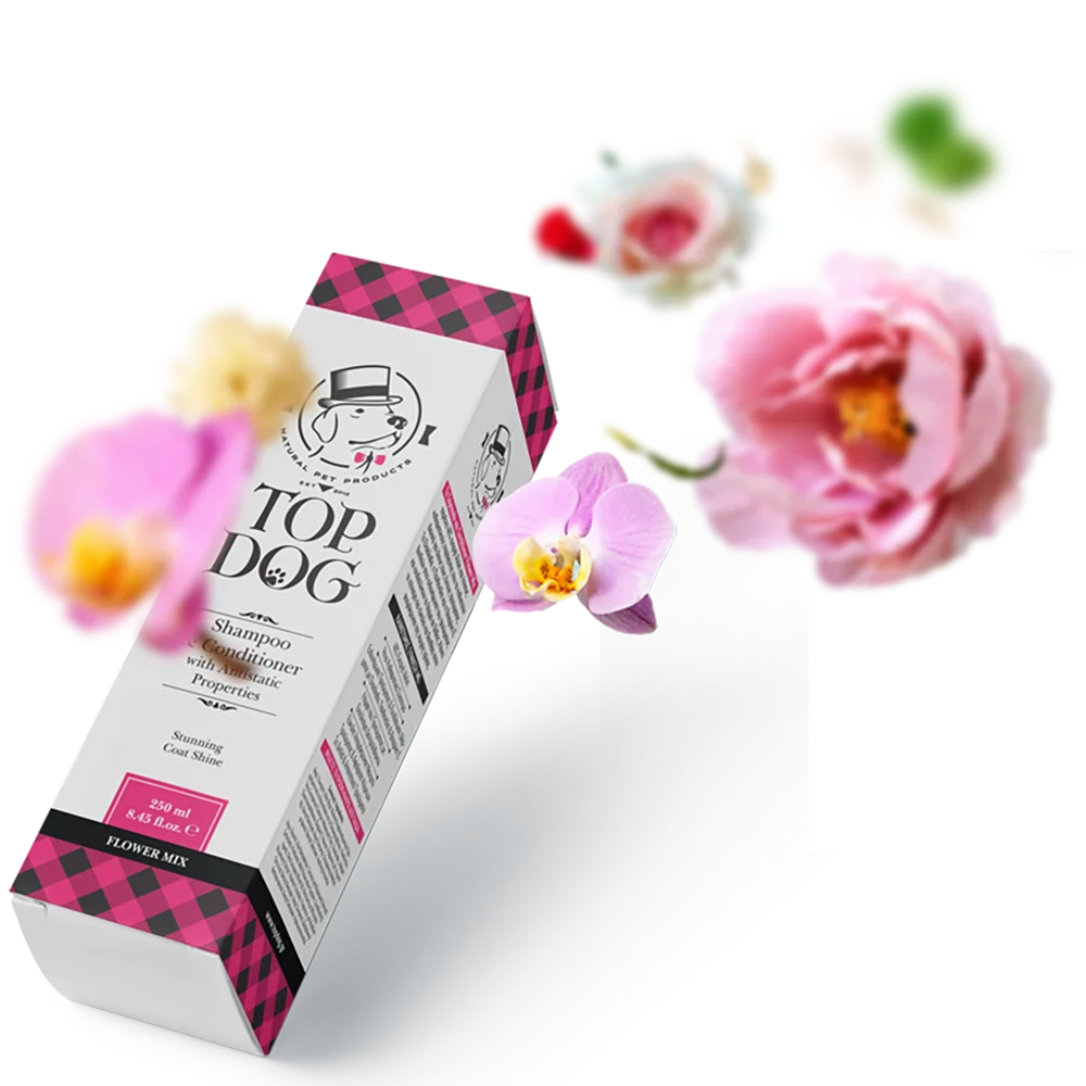 Dog shampoo and conditioner for Shiny Coat "Flower Mix", with flowers around the packaging. Brand: Top Dog