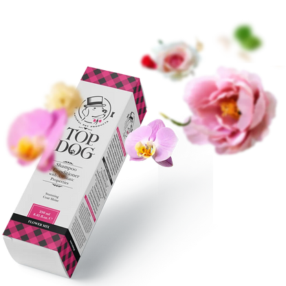 Dog shampoo and conditioner for Shiny Coat "Flower Mix", with flowers around the packaging. Brand: Top Dog