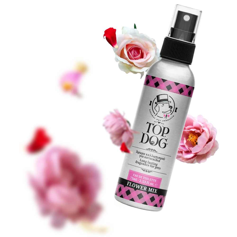 Dog perfume - cologne with moisturizing properties, "Flower Mix". With ingredients/scent around the bottle. Brand: Top Dog