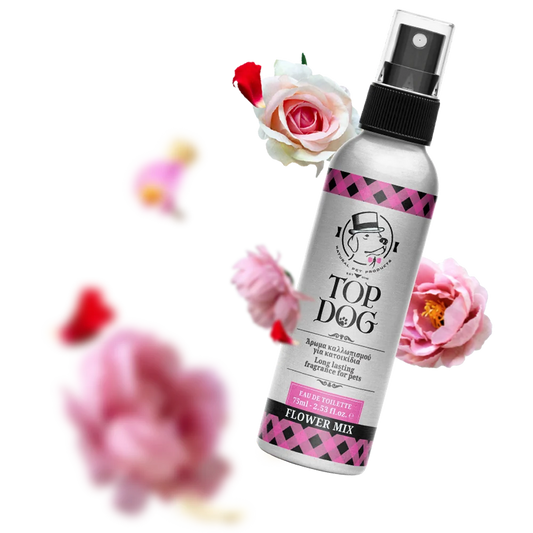 Dog perfume - cologne with moisturizing properties, "Flower Mix". With ingredients/scent around the bottle. Brand: Top Dog